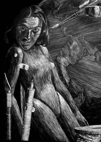 scratchboard illustration of a doll being painted in front of a globe