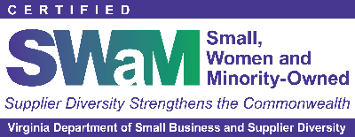 Certified SWaM Business. Small, Women and Minority-Owned, Supplier Diversity Strengthens the Commonwealth, Virginia Department of Small Business and Supplier Diversity
