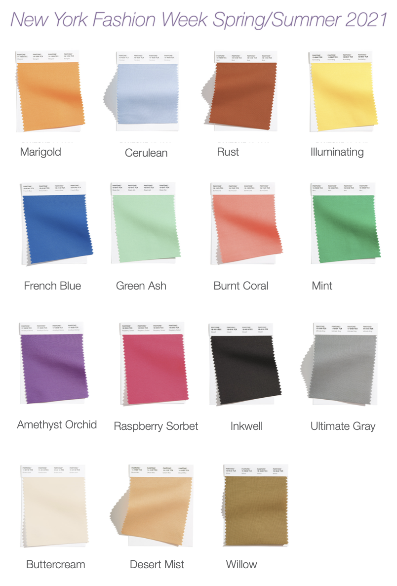 Titled "New York Fashion Week Spring/Summer 2021" with swatches of fabric in different colors below.
