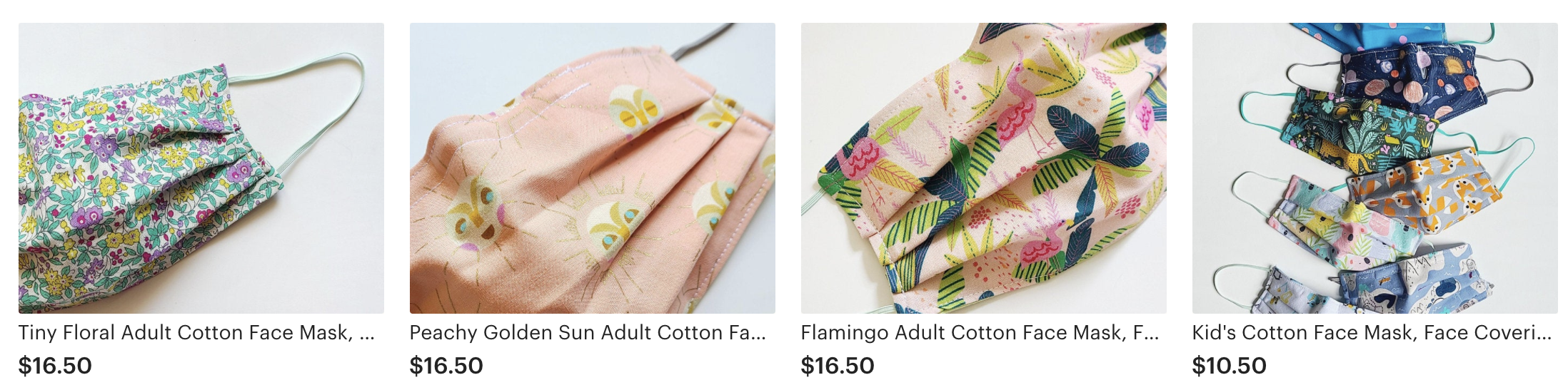 4 Mask Thumbnails. In order: Blue Floral, Peach Sun, Flamingo Print, and Variety Pack.